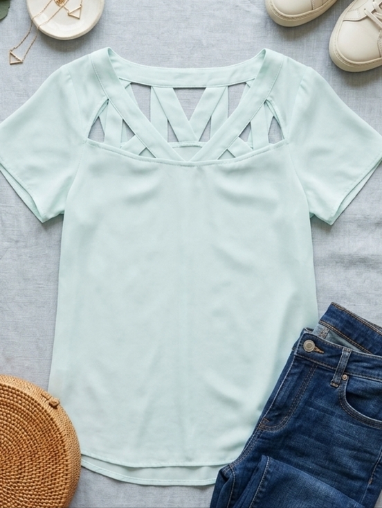 Anthropologie Tops - Maeve by Anthropologie Light Blue Lattice Neck Blouse